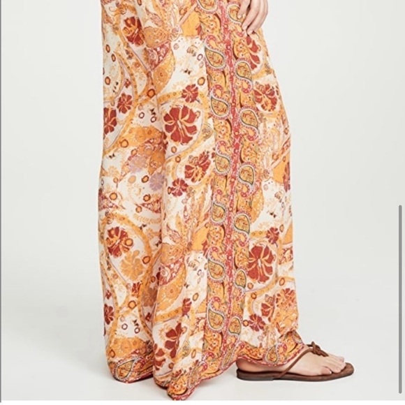 Free People Carmen Vibrant Orange Boho print off the shoulder Wide Leg Jumpsuit - Picture 1 of 11